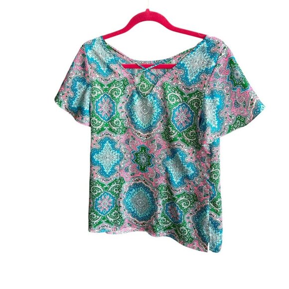 Talbots Colorful Paisley Bell Sleeve V Neck Back Top Size XS - Picture 3 of 10